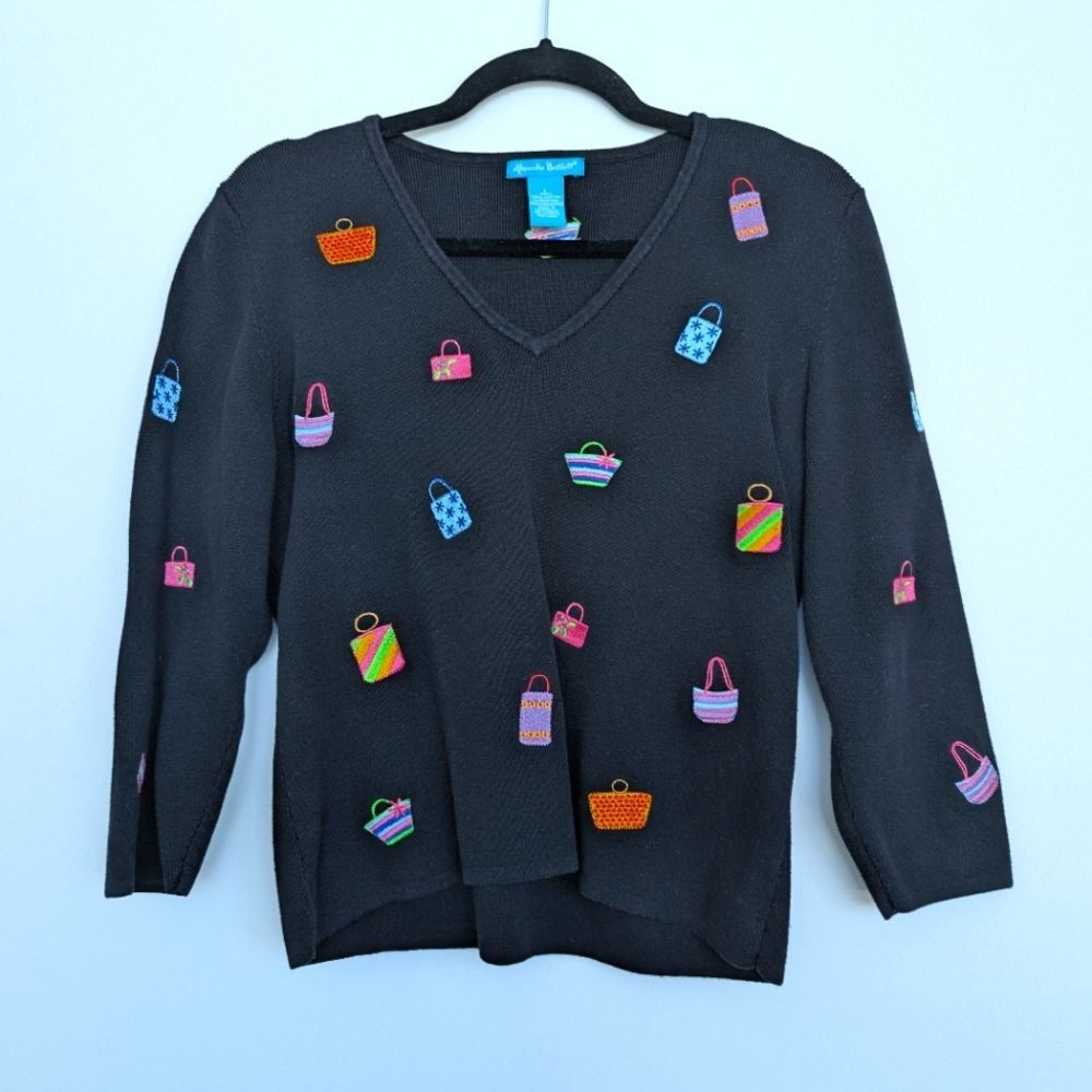 Alexandra Bartlett Novelty Embroidered Bag Accent Colorful V Neck Sweater Sz L